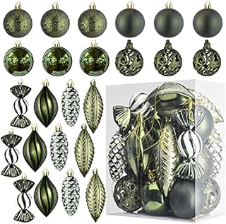 Green Christmas Ball Ornaments for Christmas Decoration Baubles - 24 Pieces Xmas Tree Shatterproof Ornaments with Hanging Loop for Holiday and Party Decoration (Combo of 8 Ball and Shaped Styles)
