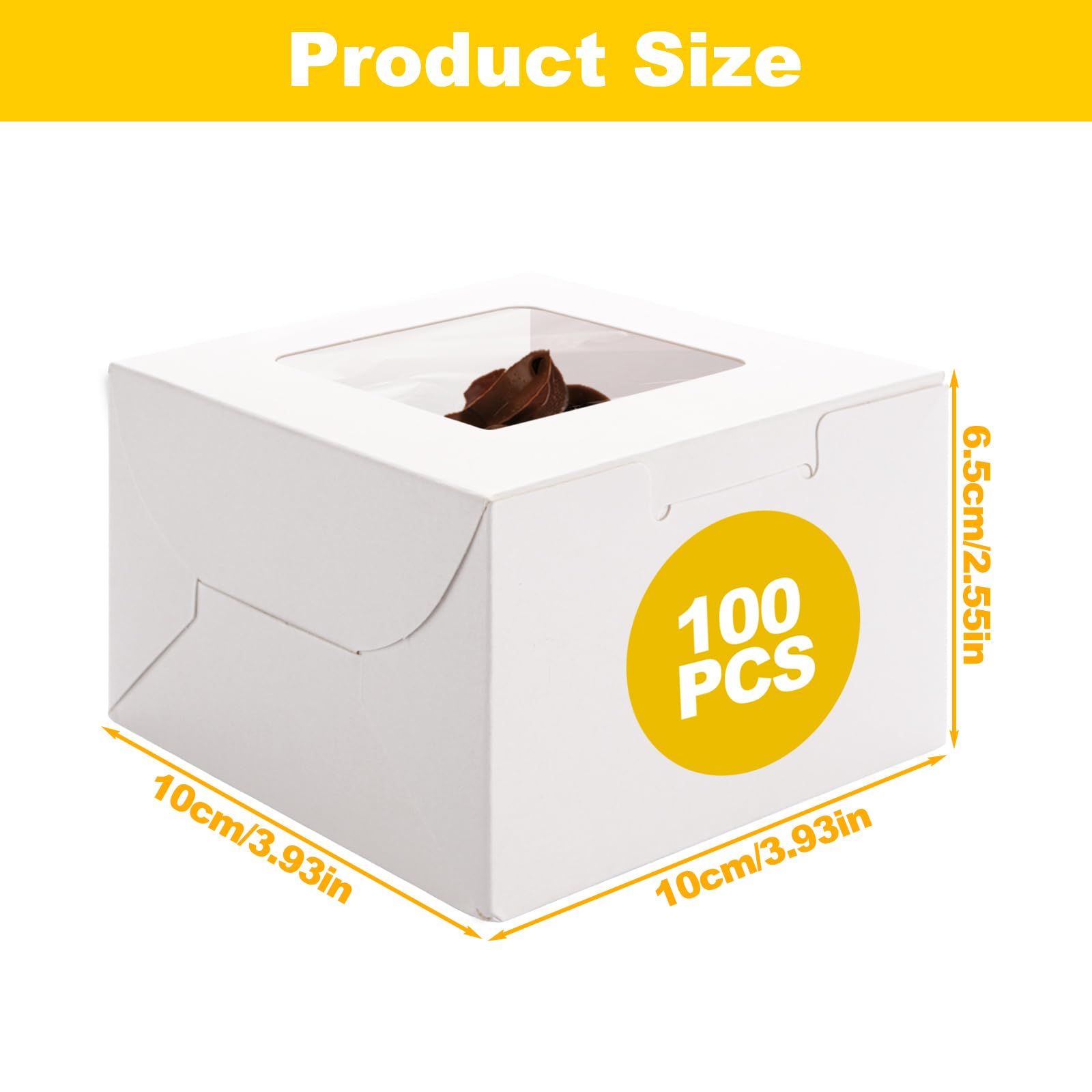 CYEER Paquete de 100 cajas para tartas, 4 x 4 x 2.5 pulgadas, cajas individuales blancas para cupcakes, pequeñas cajas para pasteles de panadería con ventana, mini cajas de dulces para porciones de
