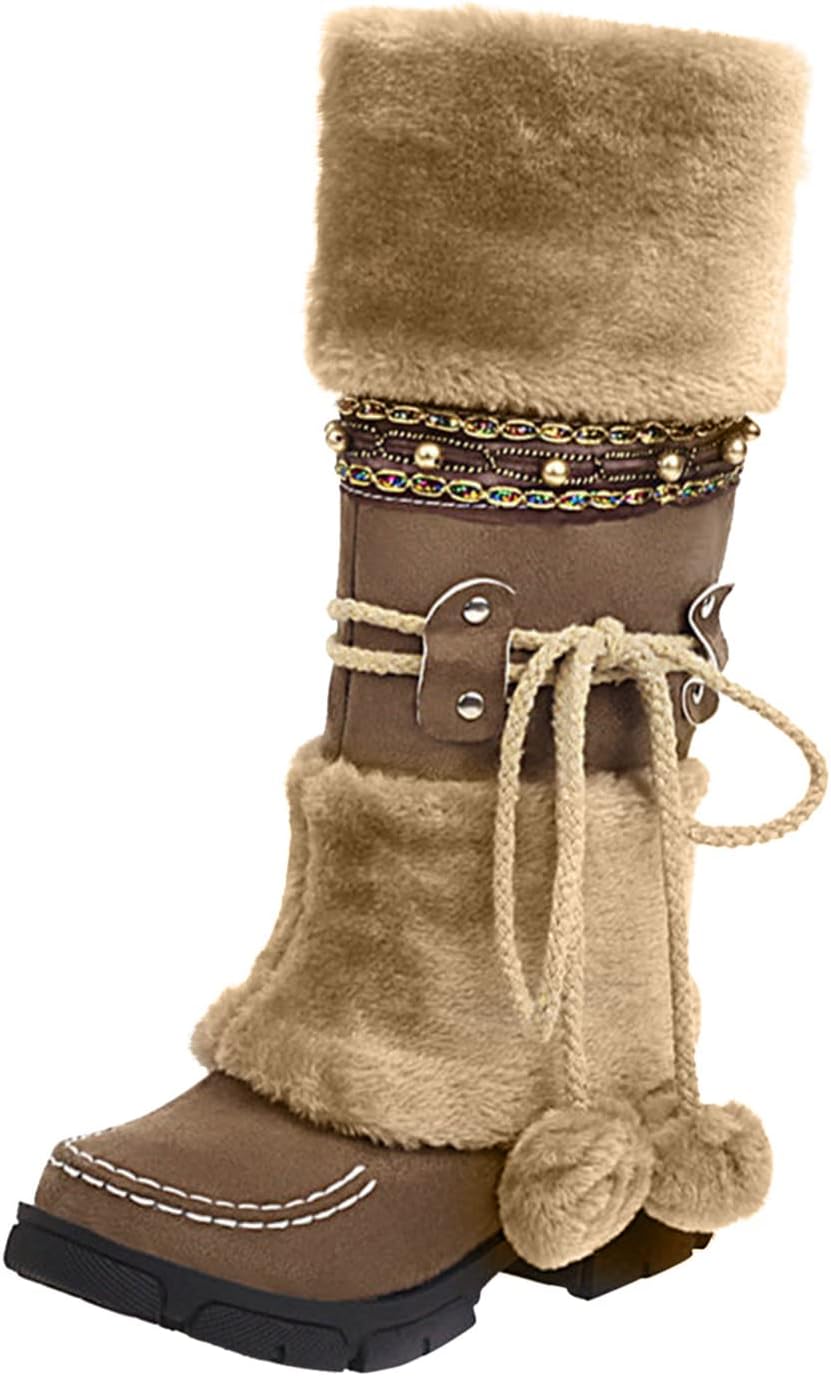 oiangi Women Boots Slip-on Snow Boots - Winter Velvet Warm Solid Round Toe chunky heel Platform Mid calf boots Plush Ball Ethnic Riding Boots casual shoes