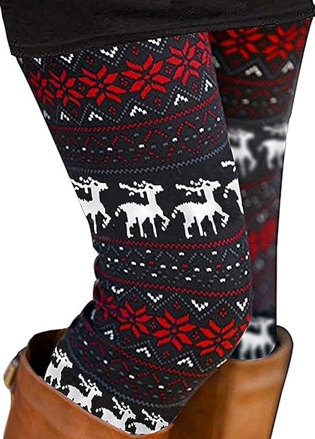 Fioeyr Women Ladies Christmas Costume Leggings Reindeer Printed Xmas Tree Leggings Elasticity Skinny Printed Stretchy Pants Trousers