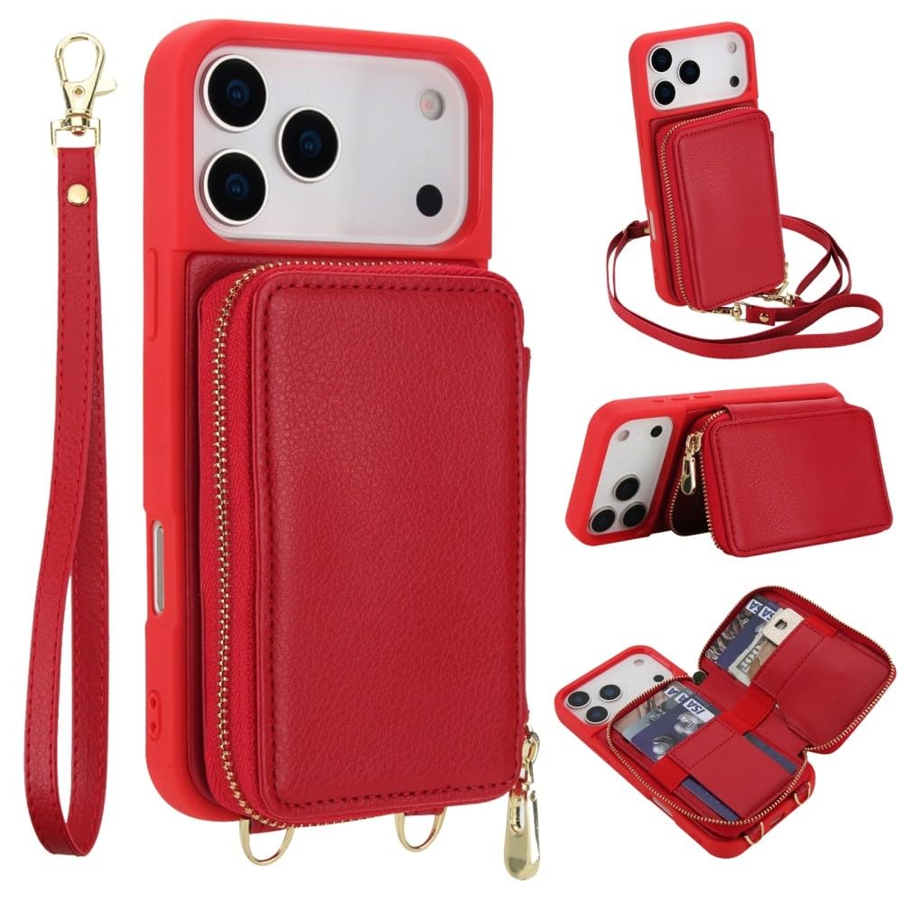 Generic - Funda con tapa para iPhone 12 (color rojo) con cremallera y correa para el hombro
