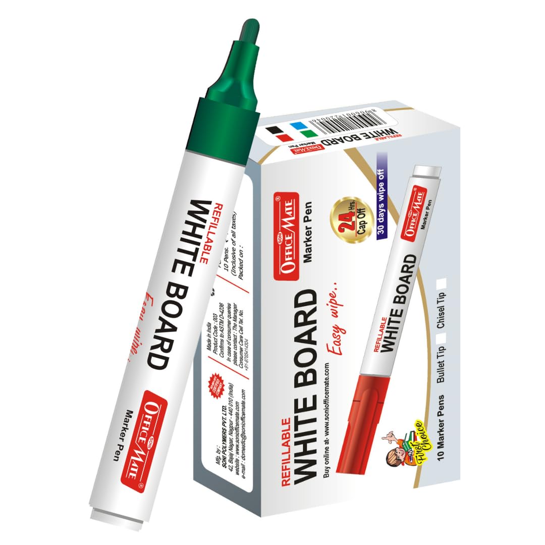 Soni Officemate Whiteboard Markers | Pack of 10 (Mix)| Black, Blue, Red & Green | 4.43 mm Bullet Tip | Non-Toxic | Smooth Writing | Easy Wipe — Amazon image 10