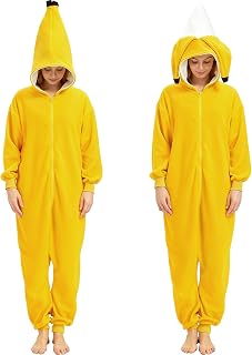 Adult Banana Onesie Fruit Costume with Peel - Halloween Cosplay One-Piece Pajamas for Men and Women