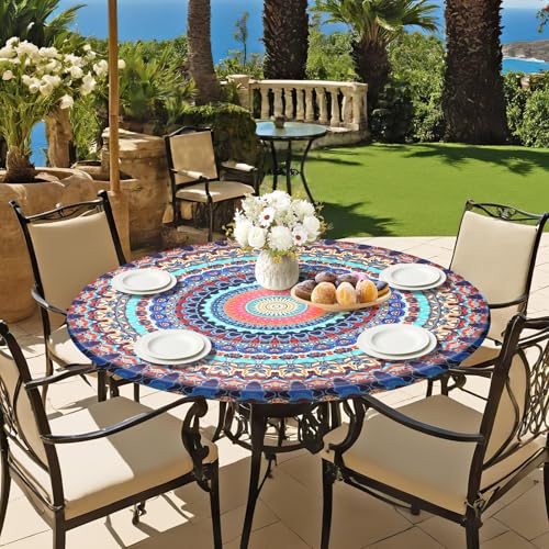 Alynsehom Round Camping Tablecloth with Elastic Edge Outdoor Round Fitted Vinyl Table Cloth 45-56” Waterproof Wipeable Boho Table Cover for Dining Kitchen Picnic Barbecue Party Decor Housewarming Gift by Alynsehom - Image 6