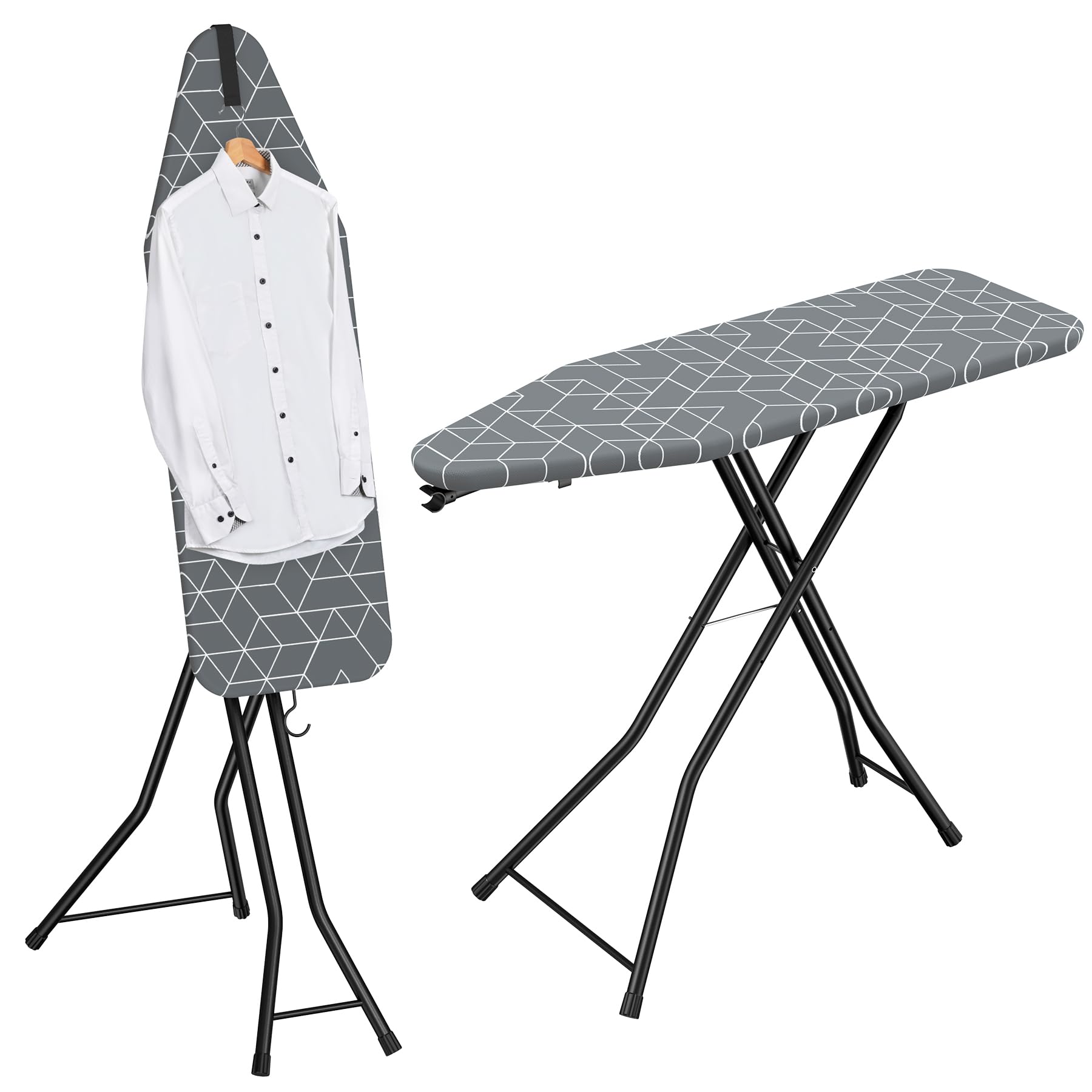 LyriFine Bügelbrett, 2-in-1 Bügeltisch für Dampfbügeln und klassisches Bügeln, hitzebeständige Auflage, klappbar mit Haken, Stabiler Stahlrahmen, Bügelbrett für Dampfbügelstation, grau