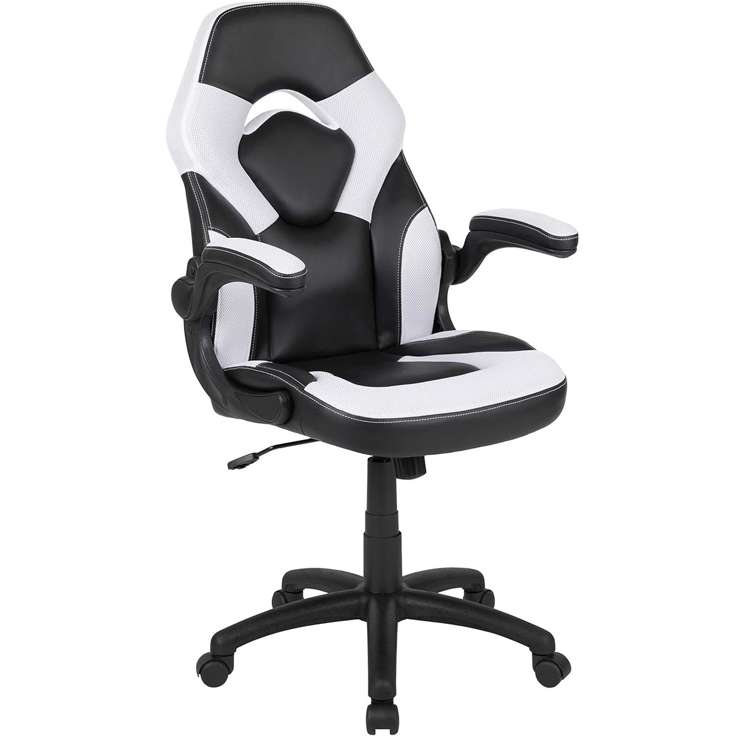 FWStyle Ergonomic Racing Style Desk Chair – Black Faux Leather &White Fabric with White Stitching – High Back Office Gaming Chair with Flip-Up Arms, Adjustable Tilt & Height
