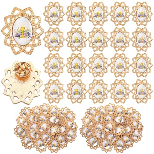 Image of Yinkin 24 Pcs Catholic Pins First Communion Lapel Pins Gold Toned Gifts Bulk Minister Catholic Religious Medal Christian Jewelry First Holy Communion Gifts Inspirational Spiritual Stuff