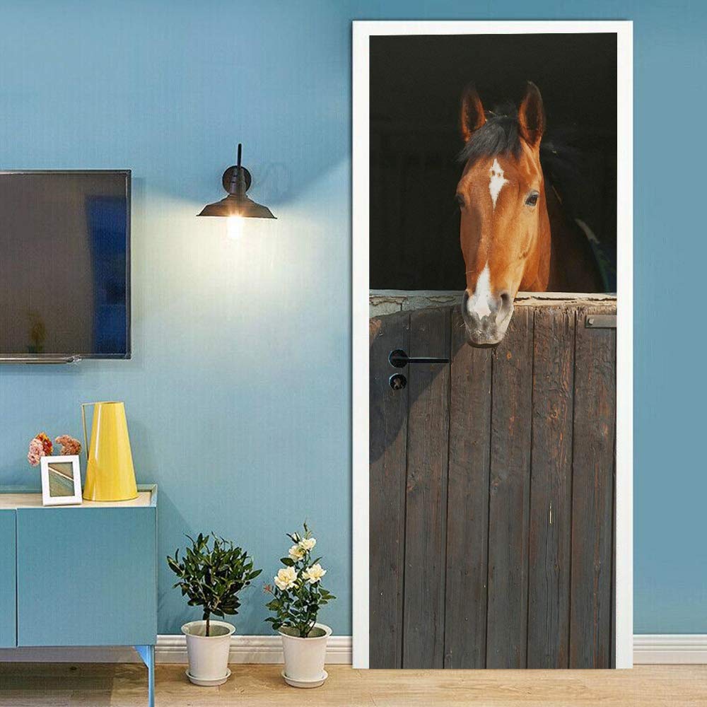 3D Door Stickers Murals Peel and Stick - Horse - Door Wallpaper Self-Adhesive Door Decals Removable PVC Waterproof Door Poster for Bedroom Living Room Door Wall Decoration 33.9 x 78.7 inch