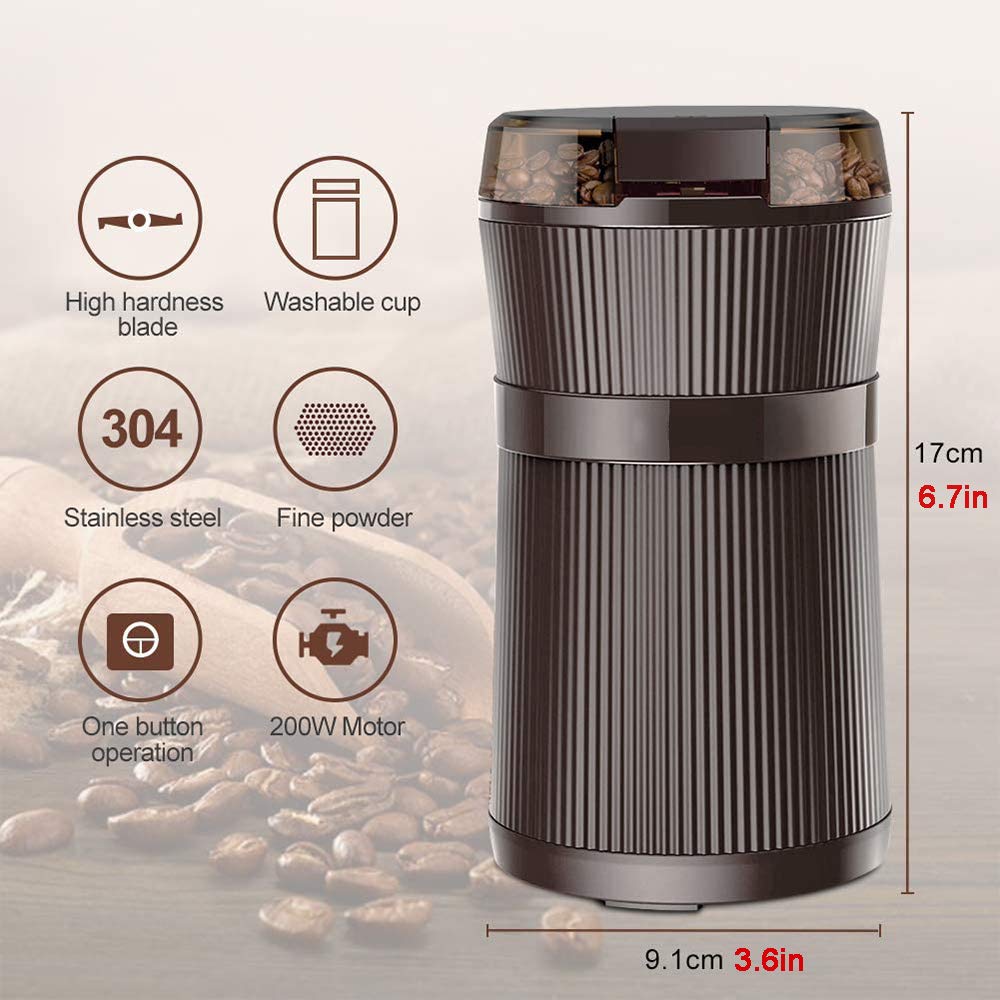 200W Macinacaffè E Spezie Elettrico, Macinacaffè Elettrico Lavabile Portatile con Lame in Acciaio Inossidabile E Spazzola per Erbe, Frutta A Guscio, Pepe, Ristorante