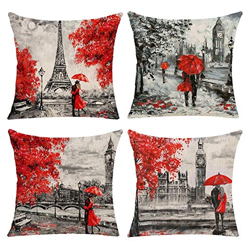 Red Black Decorative Throw Pillow Covers 20x20 Inches Color Eiffel Tower & Big