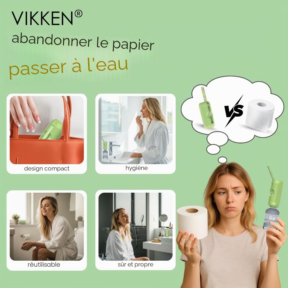 VIKKEN® iGo-X 250 ml Bidet Portable de Voyage Électrique Rechargeable USB-C, Douchette Intime Mobile, Hygiène Intime pour Femme & Homme, Vert