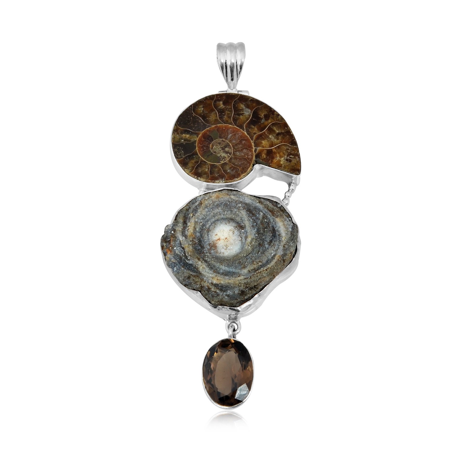 Sterling Silver Ammonite, Geode and Smoky Topaz Pendant