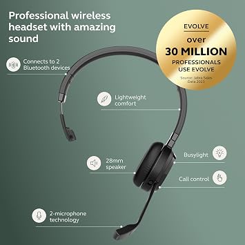 Jabra Evolve 65 TE (Third Edition) Wireless Single-Ear Headphones - Noise-Canceling Mic, 16 hr Battery Life, Dual Connectivity, MS Teams Certified, Supports Other Platforms, Black