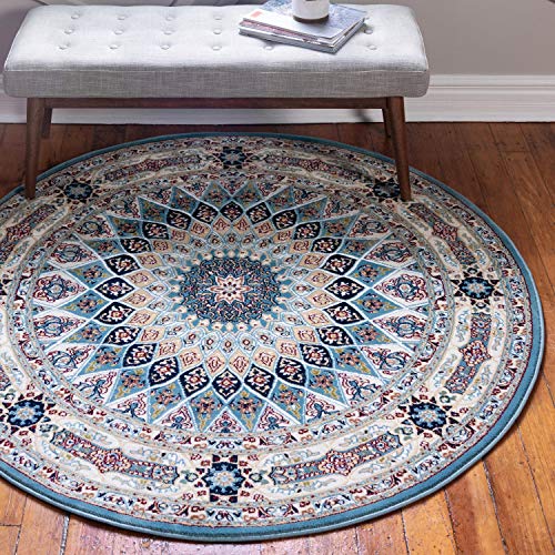 Unique Loom Narenj Collection Classic Traditional Medallion Textured Blue Round Rug