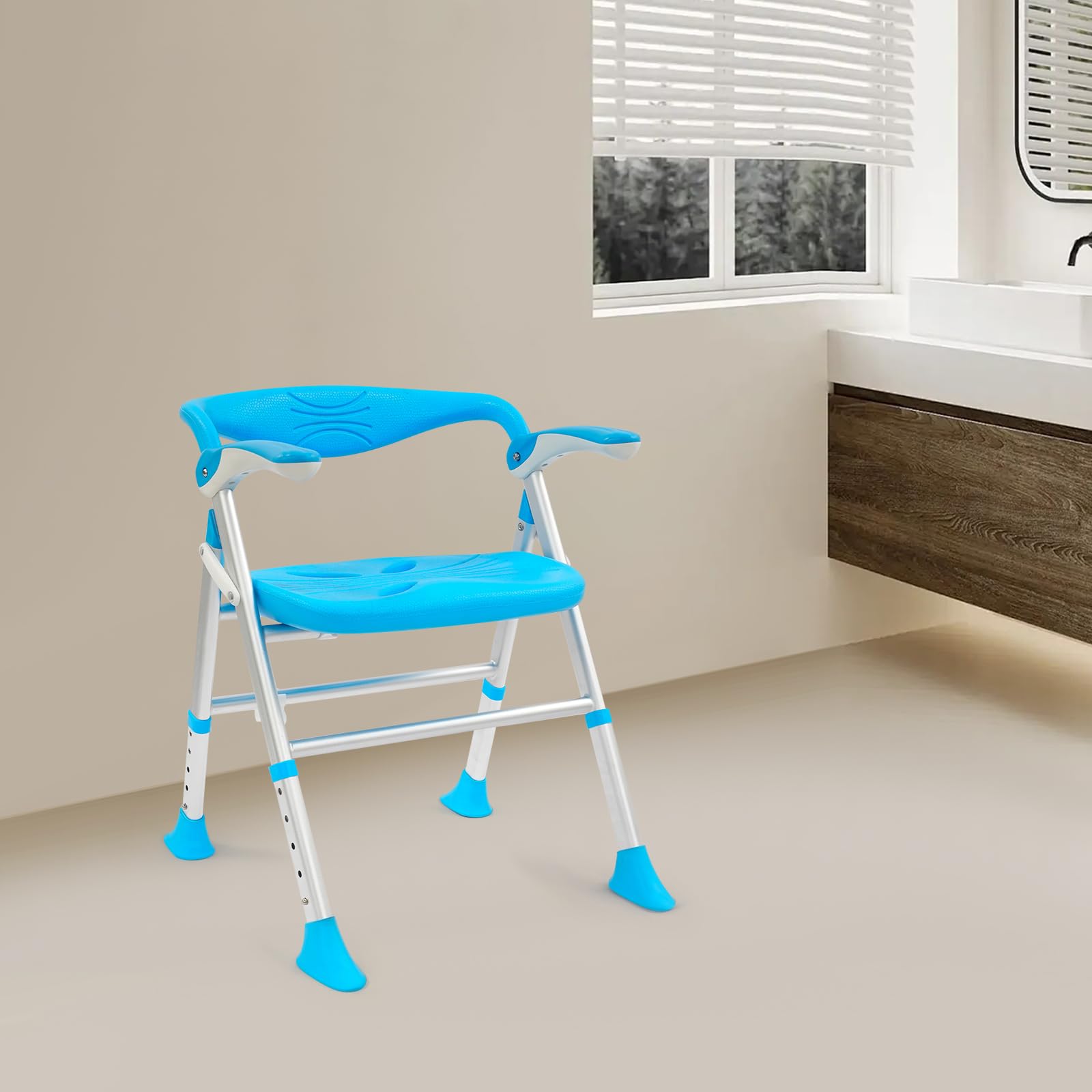 Silla de ducha para personas mayores, plegable, con respaldo y reposabrazos, altura regulable de 63,4 a 74 cm, con almohadillas antideslizantes para los pies, hasta 180 kg, color verde claro
