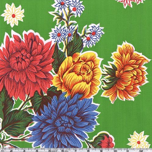 Oilcloth Mums Green Fabric by The Yard