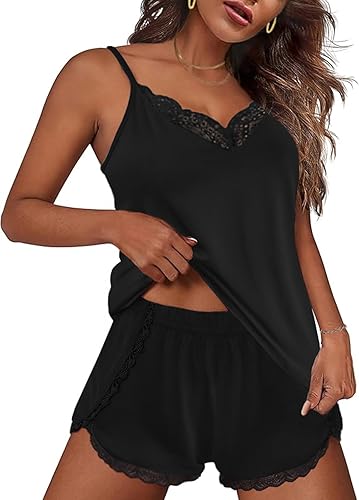 Ekouaer Pajama Sets for Women Sexy Lingerie Sleepwear 2 Piece Cami Shorts Set V Neck Pj Lace Sleepwear - Black - Large