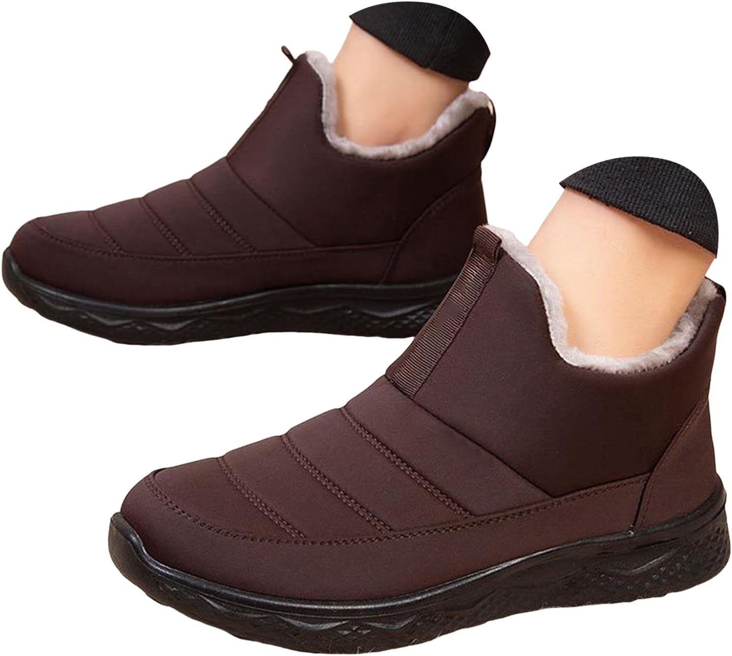 Women Ankle Snow Boots Platforms Furry Lined Winter Warm Booties Leather Cloth Chunky Heels Round Toe Waterproof Arch Support Lightweight Soft Outdoor Slip On Hiking Sneakers Non Slip Walking Shoes