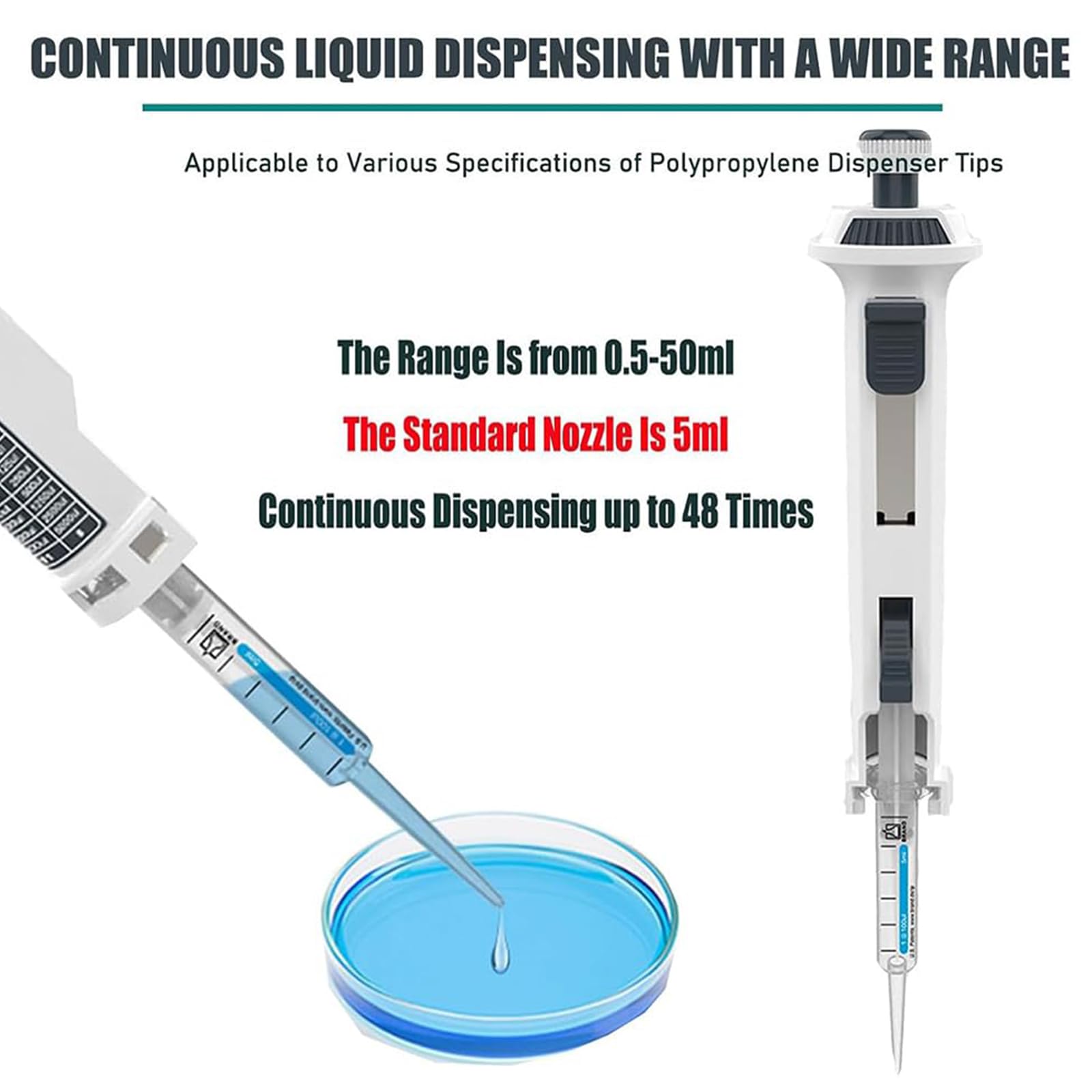 Dispensador de pipetas de un solo canal de alta precisión con paso de 5 engranajes para 0,5 ml a 50 ml, incluye 5 puntas de pipeta para uso ergonómico en laboratorio