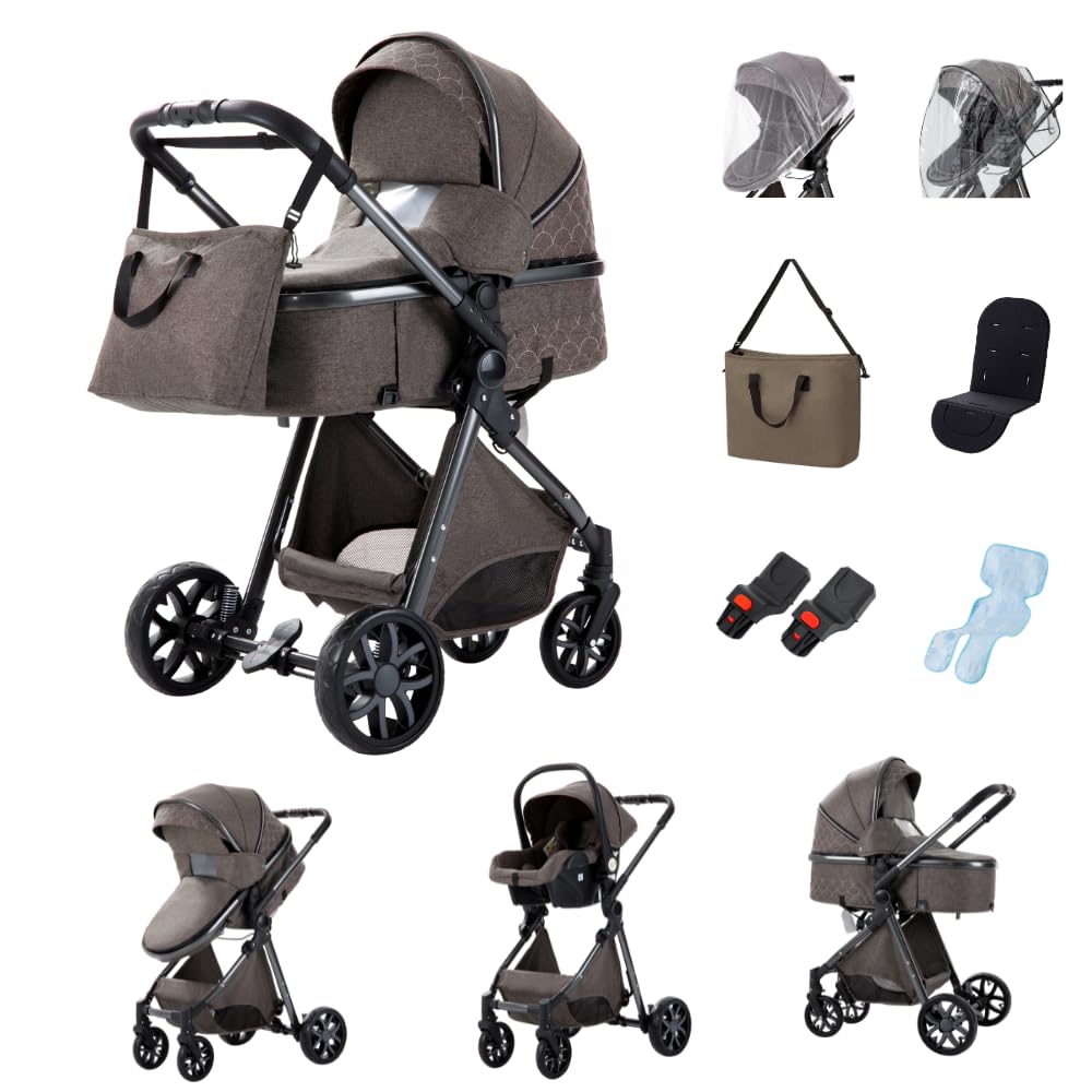 GLOKID passeggino trio 3 in 1, pieghevole, carrozzina reversibile fronte mamma e strada, sistema modulare con carrozzina per neonati, con borsa, zanzariera e parapioggia (PTV9 Cioccolato)