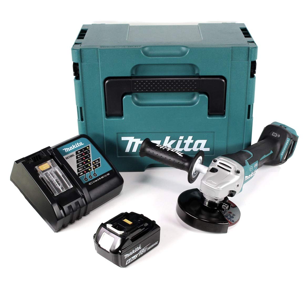 Makita DGA 517 RG1J akumulatorowa szlifierka kątowa 18 V 125 mm bezszczotkowa + 1 x akumulator 6,0 Ah + ładowarka + Makpac