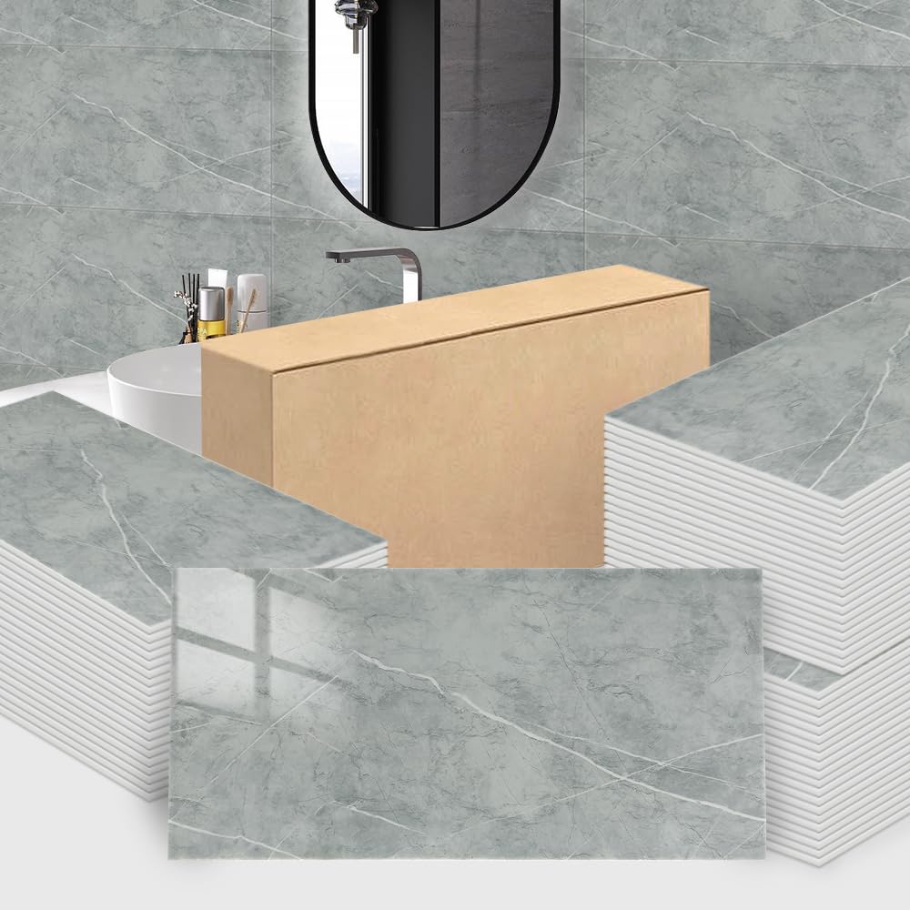 Trafagala 50Pcs Grey Marble Tiles 60x30cm Thicken Self Adhesive Wall Tiles Waterproof Peel and Stick on Vinyl Tiles Stickers for Living Room Bedroom Bathroom Kitchen Splashback Panel Covering โ image 1