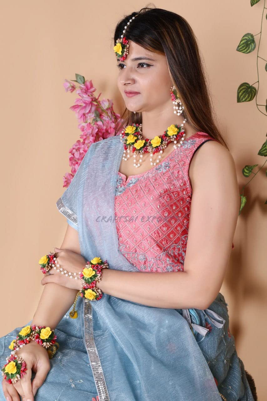 Craftsai Exports Flower Necklace Set with Maang Tika, Earrings and Bracelet for Women and Girls (Yellow and Red ) 2