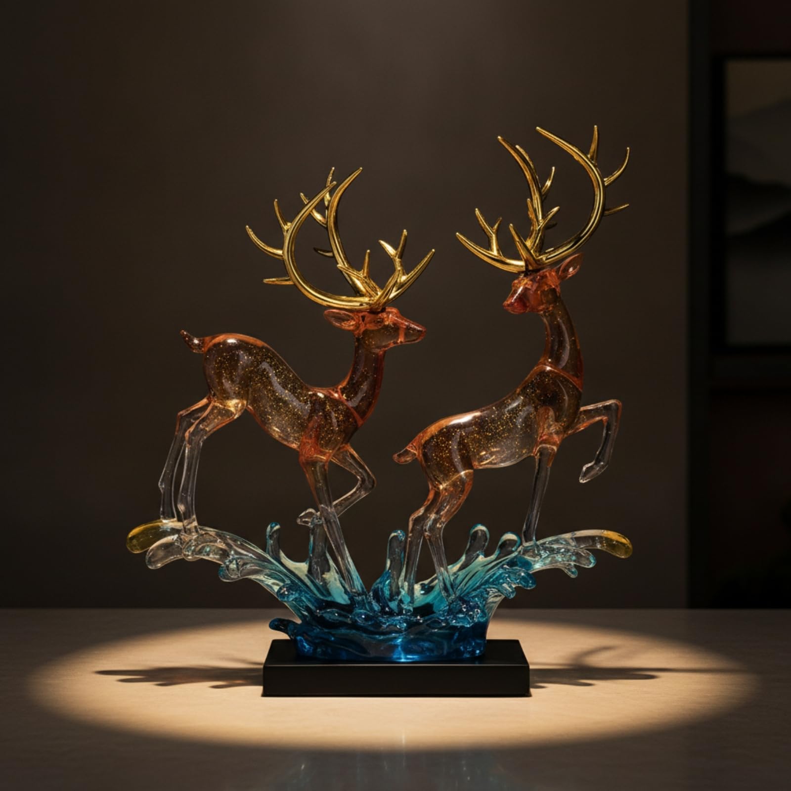 Figura Ciervos con Base Translúcido Escultura Resina corativo Adorno para Salón, Oficina, Pareja De Ciervos De Cristal Azul con Base