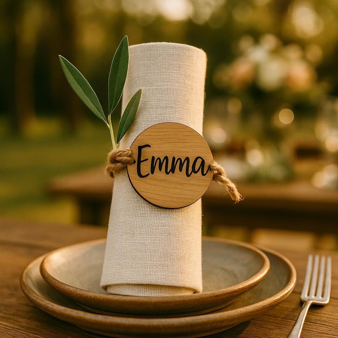 Rond De Serviette en Bois Personnalisé avec Nom, Marque-Place Gravé for La Table Réception, Étiquette Circulaire Naturel Décoration Corde Chanvre for Mariage, Anniversaire, Noël(100pcs)