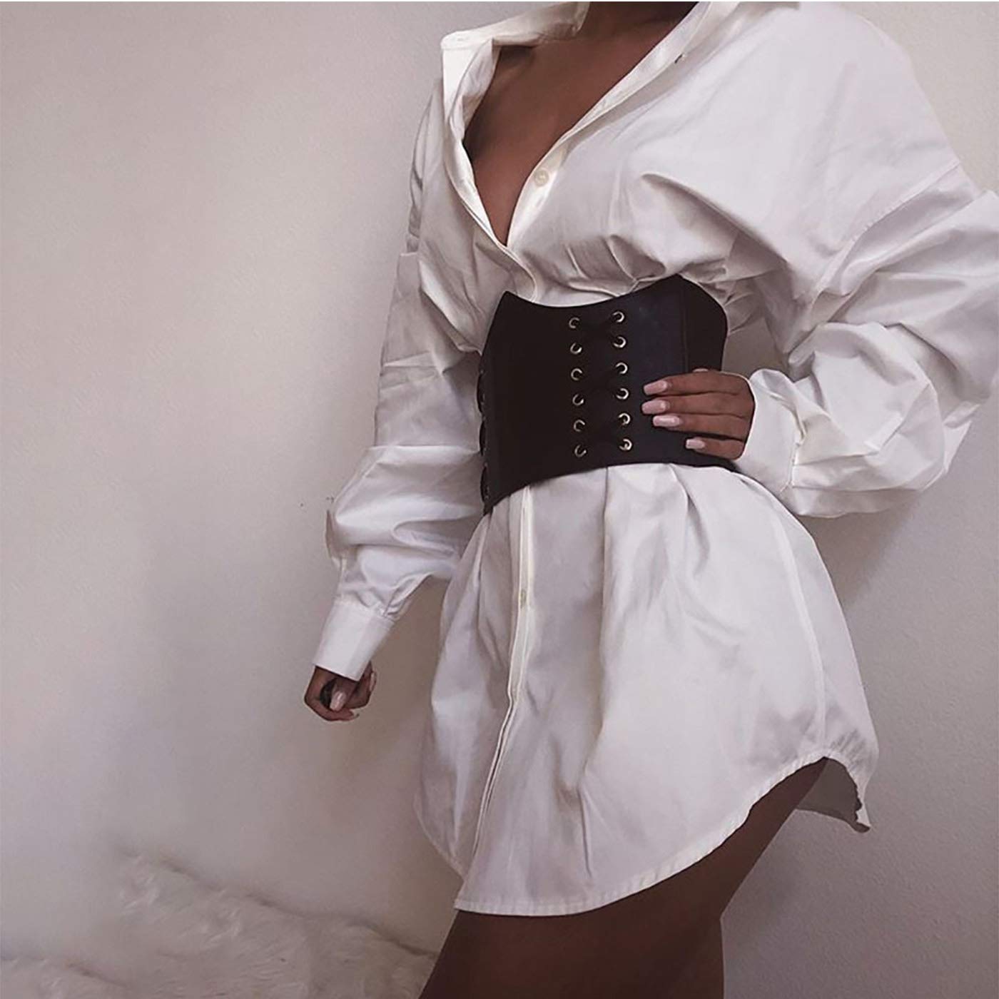 Sexy Mini Shirt Dress for Women - Casual Button Down Blouse Long Sleeve V Neck Belted Shirts Blouse Top Short Dress