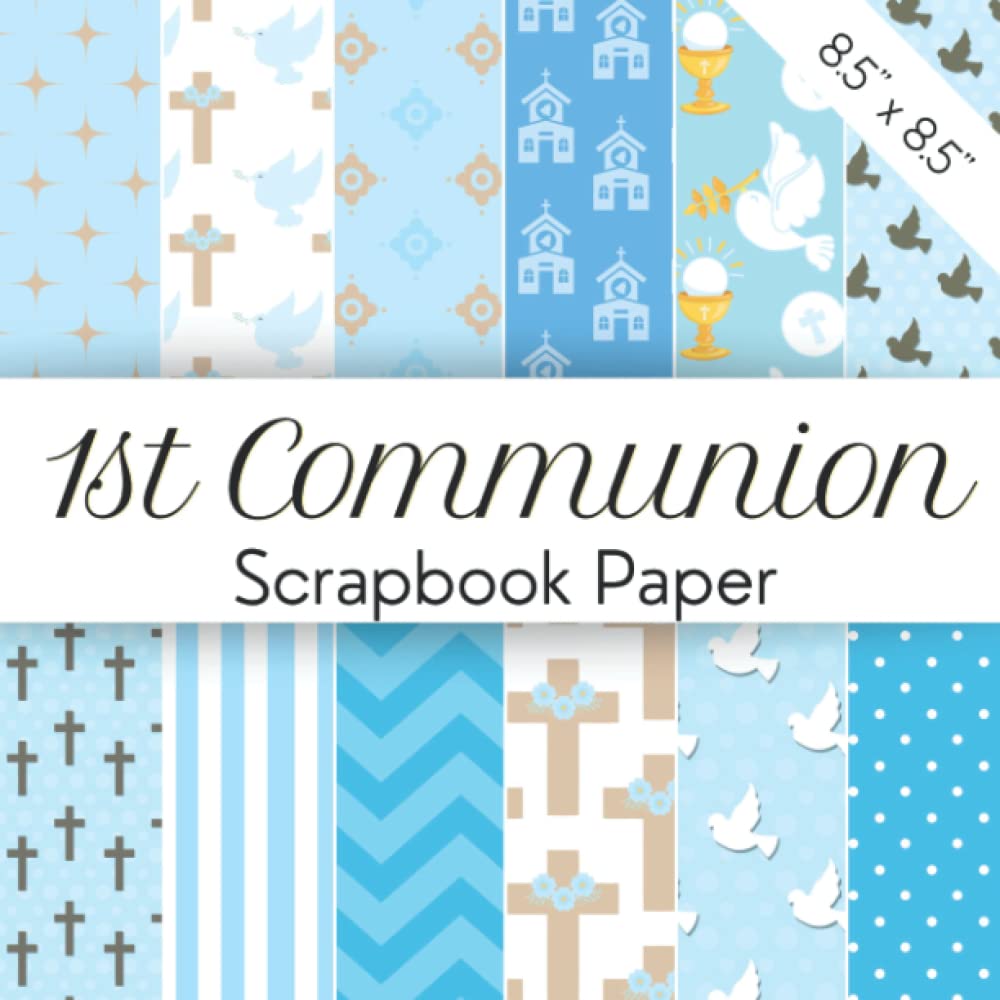 1ST COMMUNION: Boy First Communion scrapbooking kit | Catholic boys crafts | Scrapbook papers with the Holy Bible, rosary, church and doves patterns |