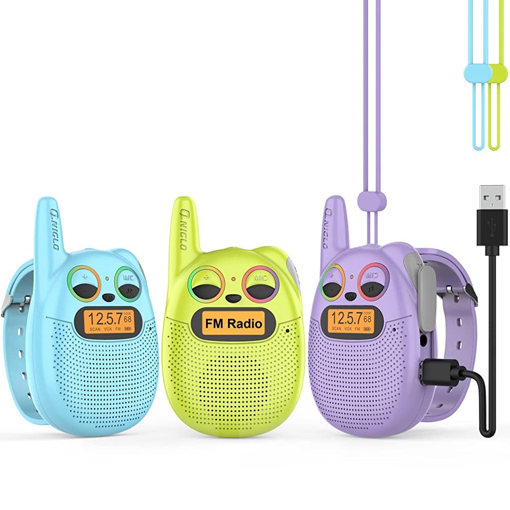 QNIGLO Q136 Walkie Talkie Niños Recargable USB,Radio FM 4Km Alcance 10 Tonos de Llamada,Montar en Bicicleta Acampar Correr,Cumpleaños Regalos para Chicas Chicos,Chulo Walkie con Radio (RojoVioleta) — view 10
