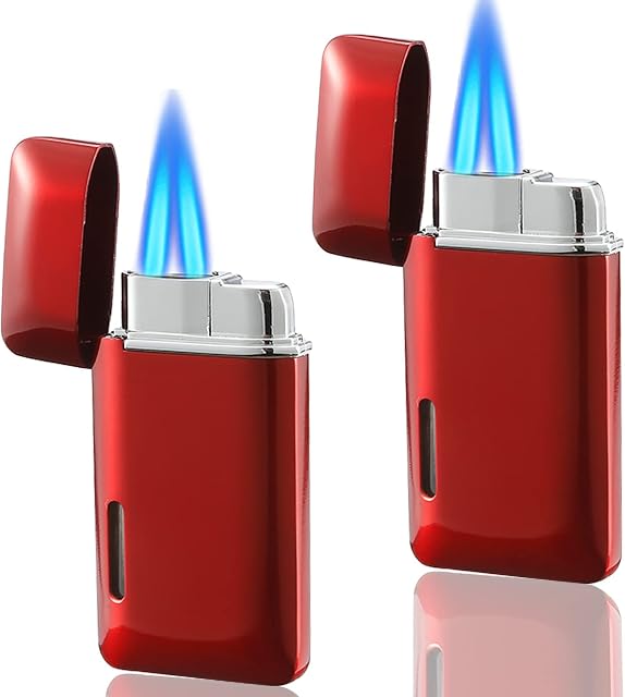 Futlidys 2 Pack Mini Jet Lighter, Double Flame Butane Gas Lighter with Visible Window, Refillable and Adjustable Torch Lighter, Great Gifts for Men and Women, Without Gas (Red)