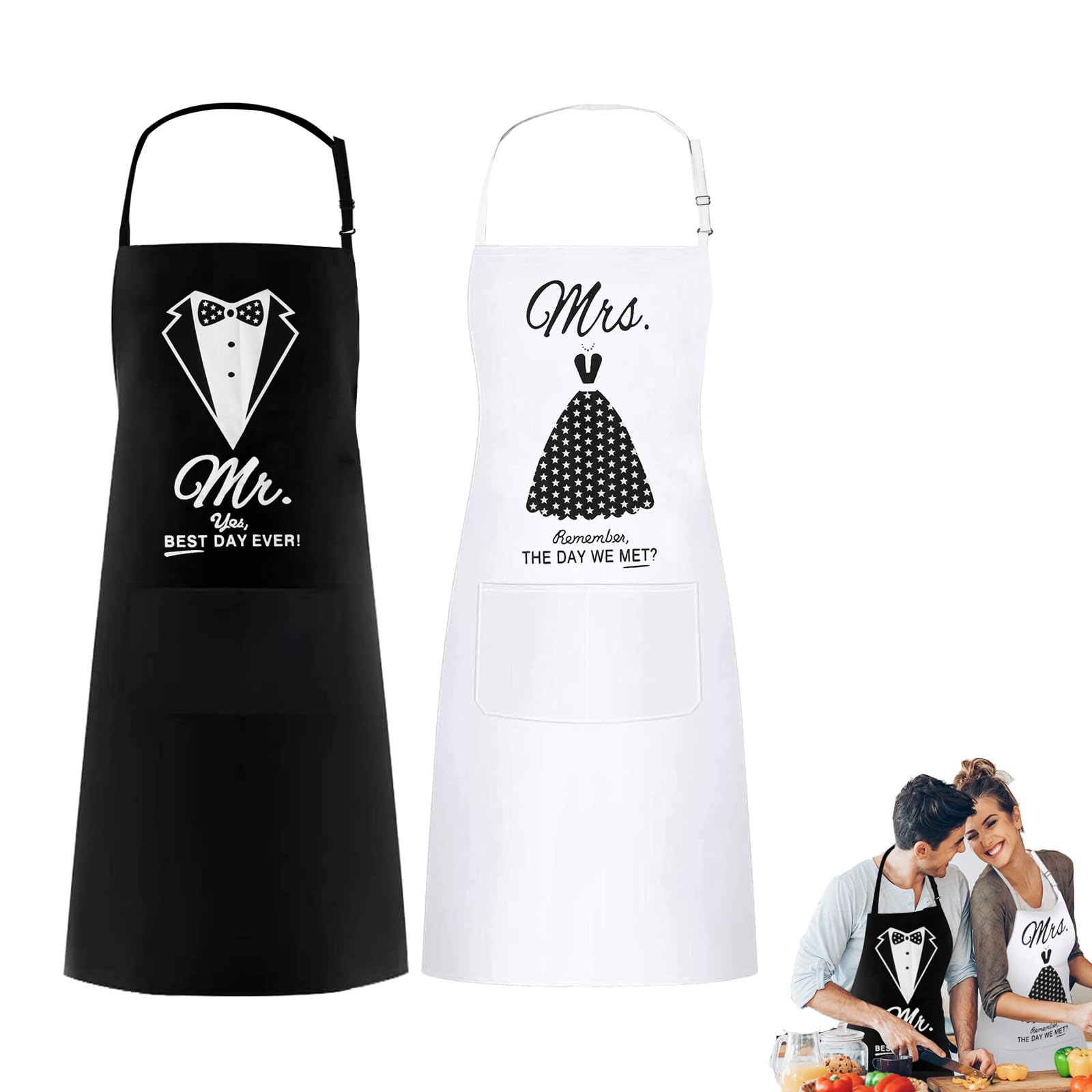 GoldmeetAprons for Couples Mr and Mrs, BBQ Black Funny Waterproof Cooking Aprons with Pocket for Men Women, Wedding Gifts