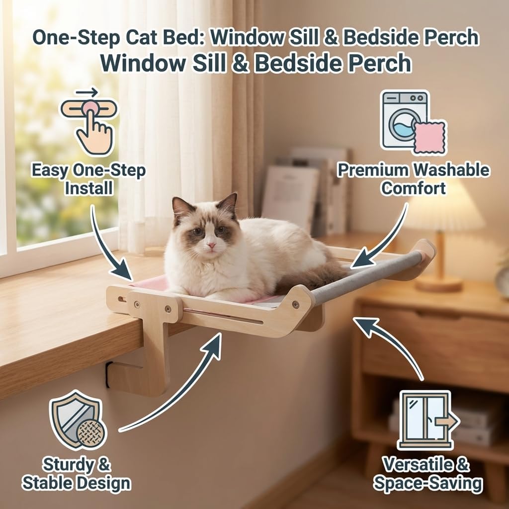 One-Step Cat Bed for Window Sill and Bedside, Perch for Indoor Cats with Sliding Clamping Slot Adjustment, Sturdy Cat Hammock, Easy Install