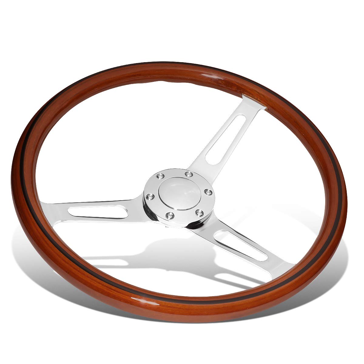 Auto Dynasty 15 Inches Wood Grain Grip Vintage Steering Wheel 2 Inches Deep Dish Stainless Steel Spoke w/Horn Button