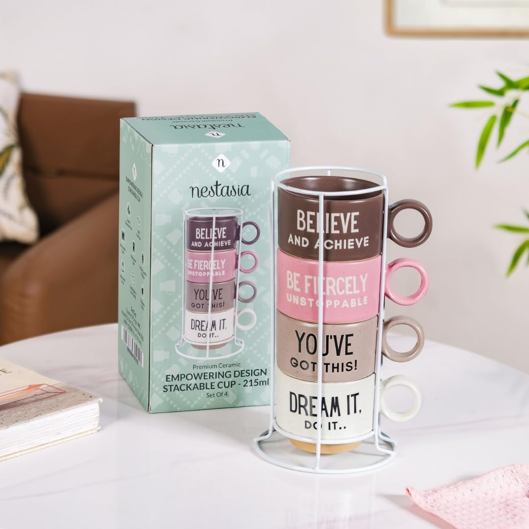 Nestasia Ceramic Stackable Cups Set of 4 (215ml Each) - Inspirational Quotes Tea & Coffee Cups with Metal Stackable Stand | Microwave & Dishwasher Safe Cups - Ideal for Gifting (Multicolour)