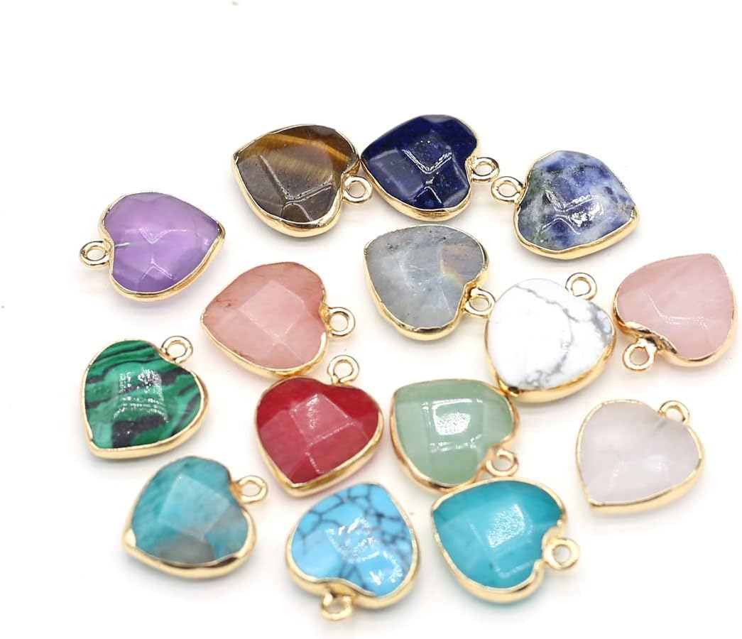 LE SKY 8 Pcs Natural Stone Pendants Heart Shape Faceted Random Stone Crystal Agate Necklace Charms for Jewelry Making Bracelet earrings