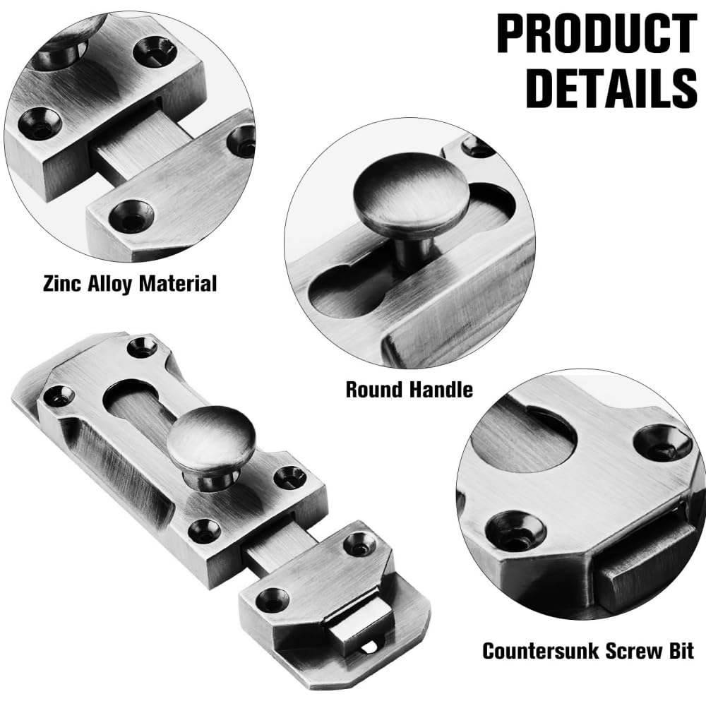 Door Bolts for Internal Doors 3 Inch Bedroom Door Lock & Patlock for Patio Doors 2 Pack Polished Chrome Gate Latch - Image 2
