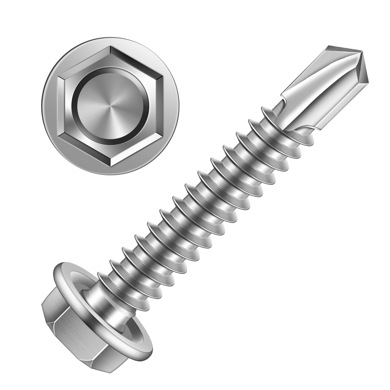 #12 x 1-1/2" (1/2" to 3" Available) Hex Washer Head Self Drilling Sheet Metal Screws with Drill Point, Stainless Steel 410,  2500 PCS