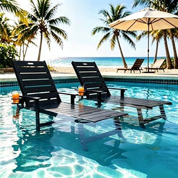 YEFU Outdoor Chaise Lounge Chair, All Weather Lounge Chair, Set of 2, Black | Chaise Lounge Chair Outdoor with Wheels, 5-Level Adjustable Backrest, Cup Holder & Armrest for Patio, Pool, Deck & Outside
