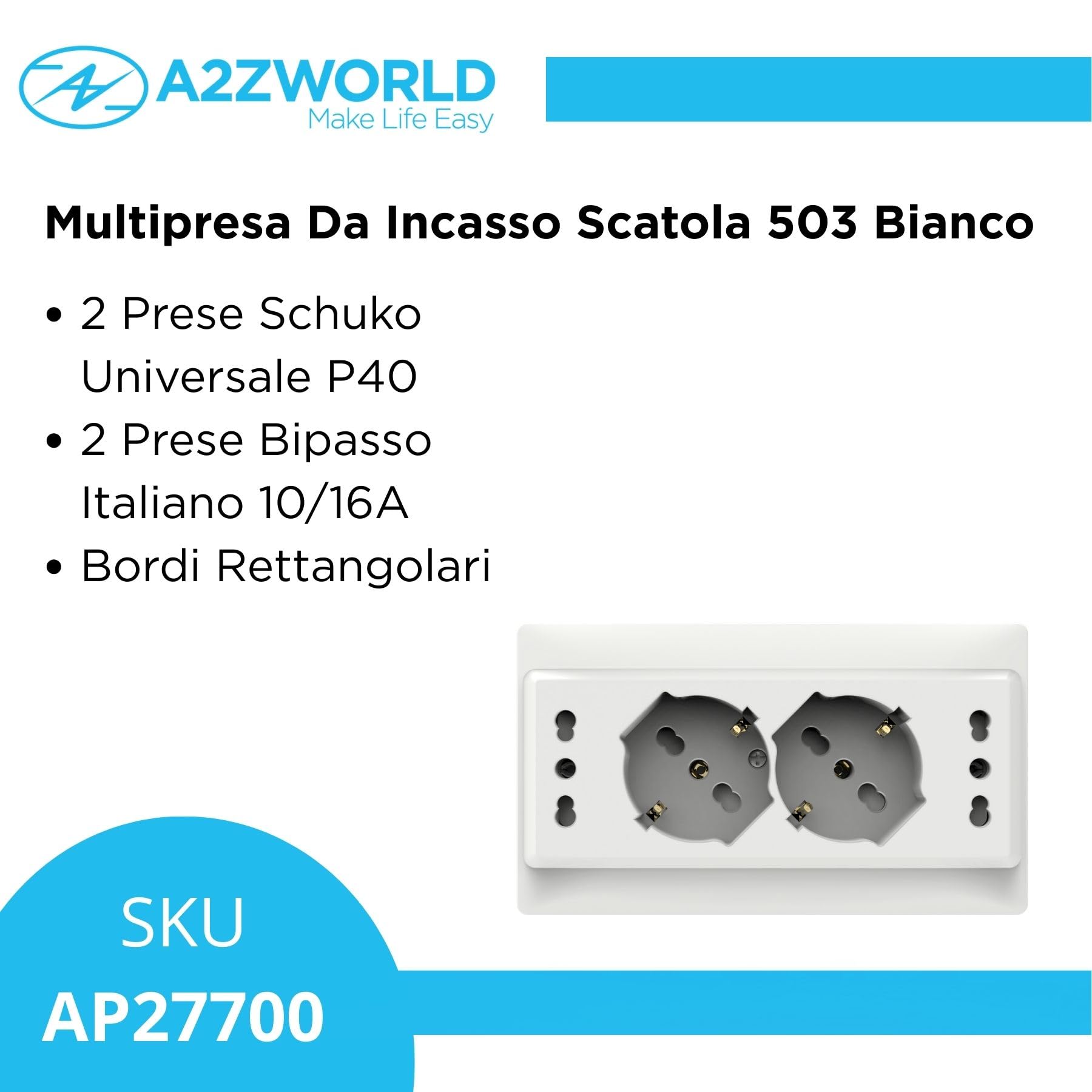 4 Pezzi Multipresa Da Incasso Scatola 503 Bianco Lucido, 2 Prese Schuko Universale P40 + 2 Prese Bipasso Italiano 10/16A, Solo 140X80X23mm