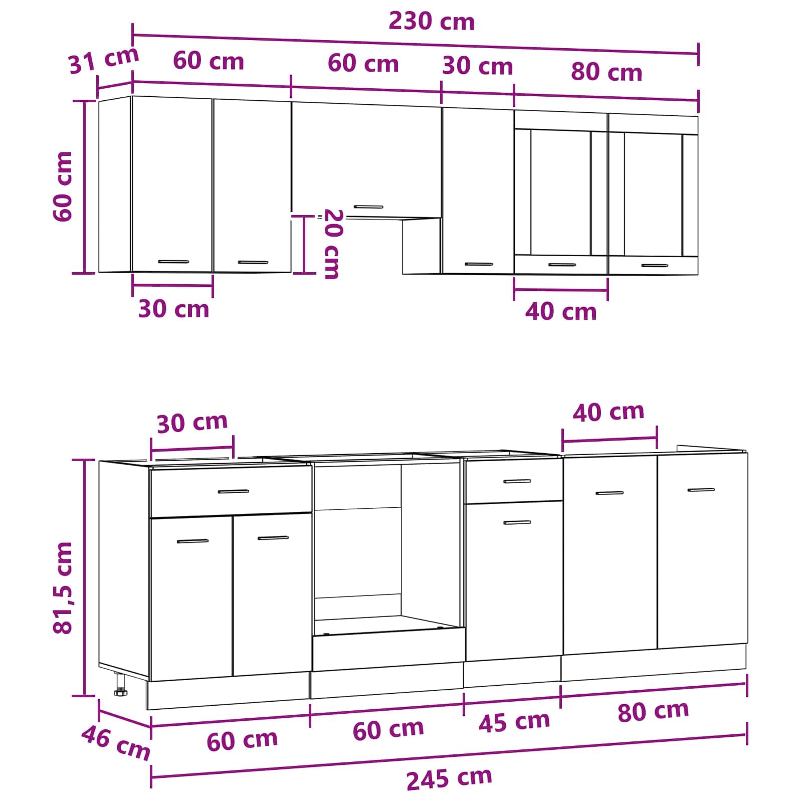 Kitchenette Lyon - Set di 8 blocchi da cucina in legno, modulari, con lavello, pensili e cassetti, per cucina e sala da pranzo