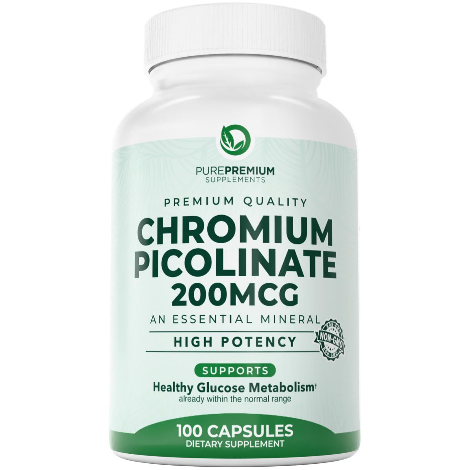 PurePremium Chromium Picolinate 200mcg - High Potency Chromium Supplements - Essential Mineral Health Support for Men/Women - Gluten-Free - 3 Months Supply - 100 Capsules