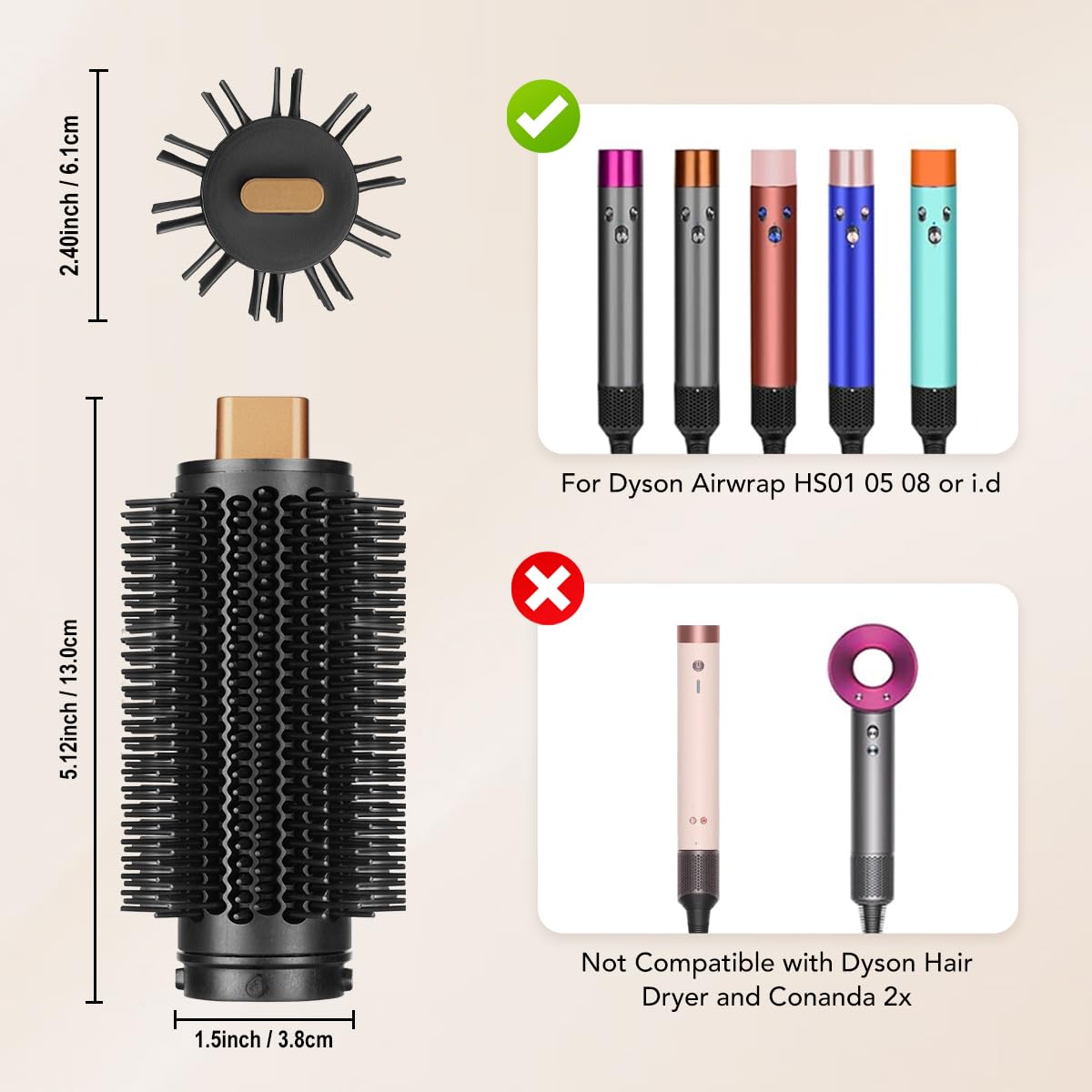 Round Volumizing Brush Attachment for Dyson Airwrap HS01 HS05 HS08, Round Brush Accessories with Upgraded Bristles for Fast Dry Straighten Big Curls Add Volume Copper 2.4Inch