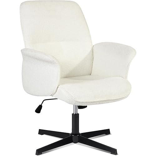 Home Office Chair, Upholstered Linen Fabric Padded Mid Back Accent Chair, Computer Desk Chairs Ergonomic No Wheels Stylish Swivel Adjustable Vanity Chair with Armrests, Beige
