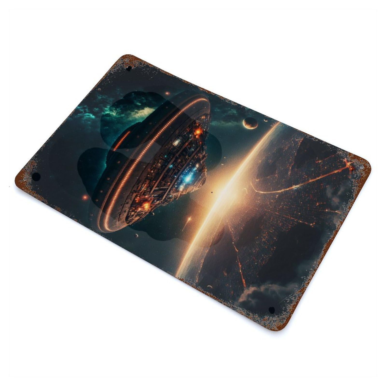 UFO Invade Interstellar Rust Effect Tin Sign 11.8"x7.9", Novelty Wall Decor for Garage, Pub Or Kitchen
