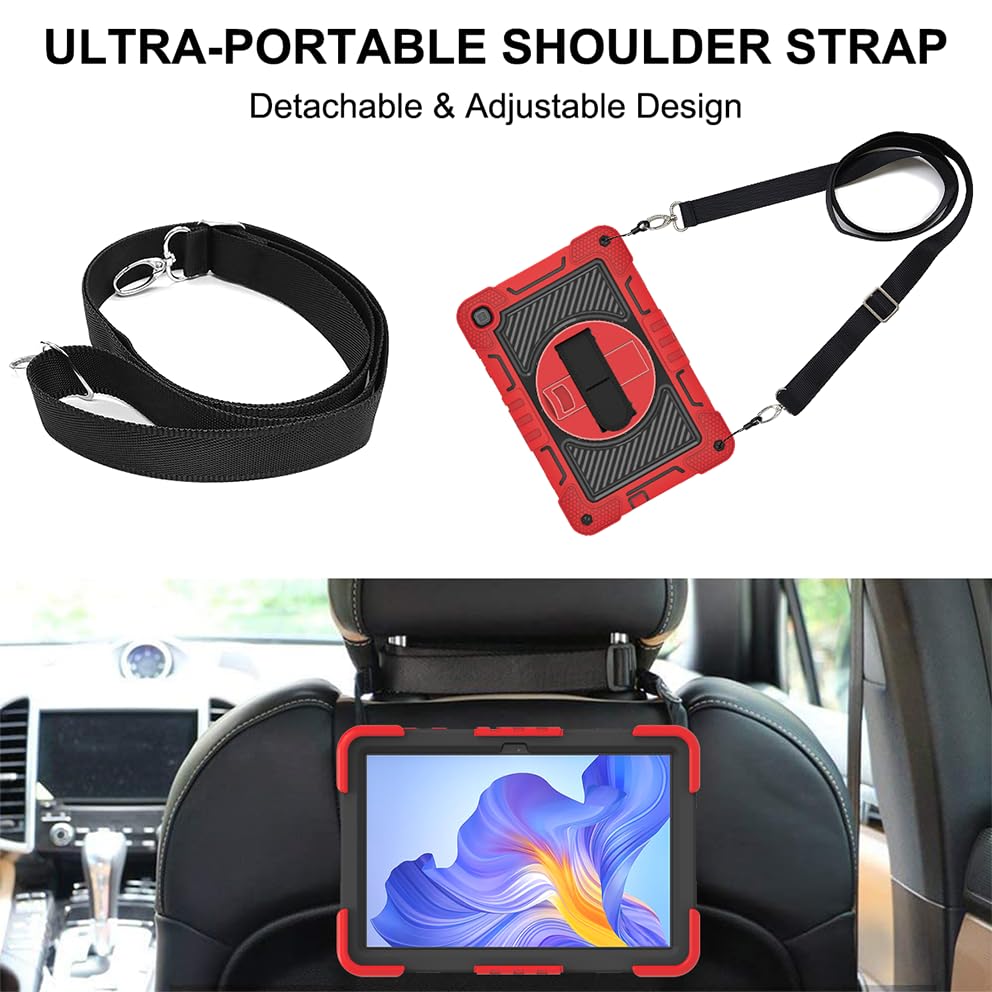 Etui na tablet Honor Pad X8 AGM3-W09HN 25.7 cm, etui na tablet, odporne na wstrząsy, z obrotowym stojakiem o 360° i paskiem na nadgarstek, pasek na ramię, duże, czerwone + czarne