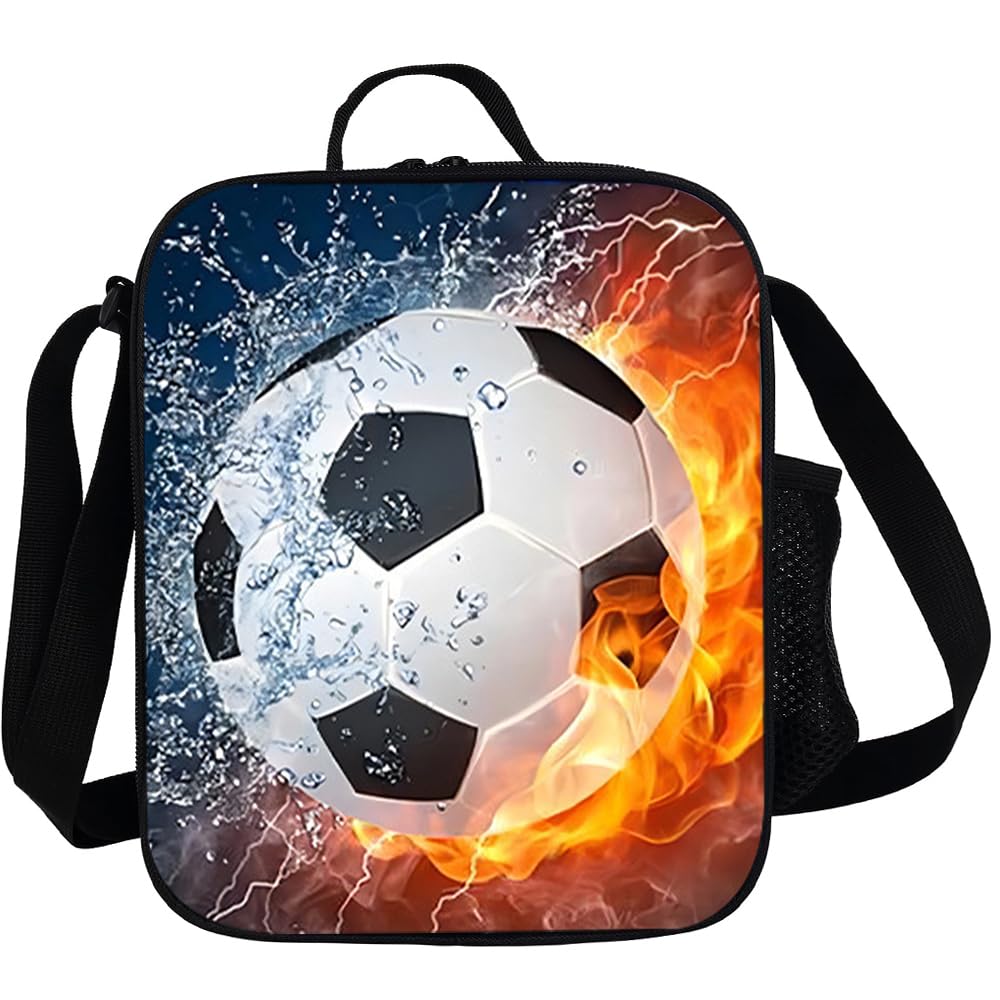 Rppiup Football Lunch Box, Insulated Lunch Bag for Kids Boys Girls with Water Bottle Holder, Washable Reusable Tote or Crossbody Football Lunchbox, for School Hiking Picnic Travel Camp(Gray & Blue)