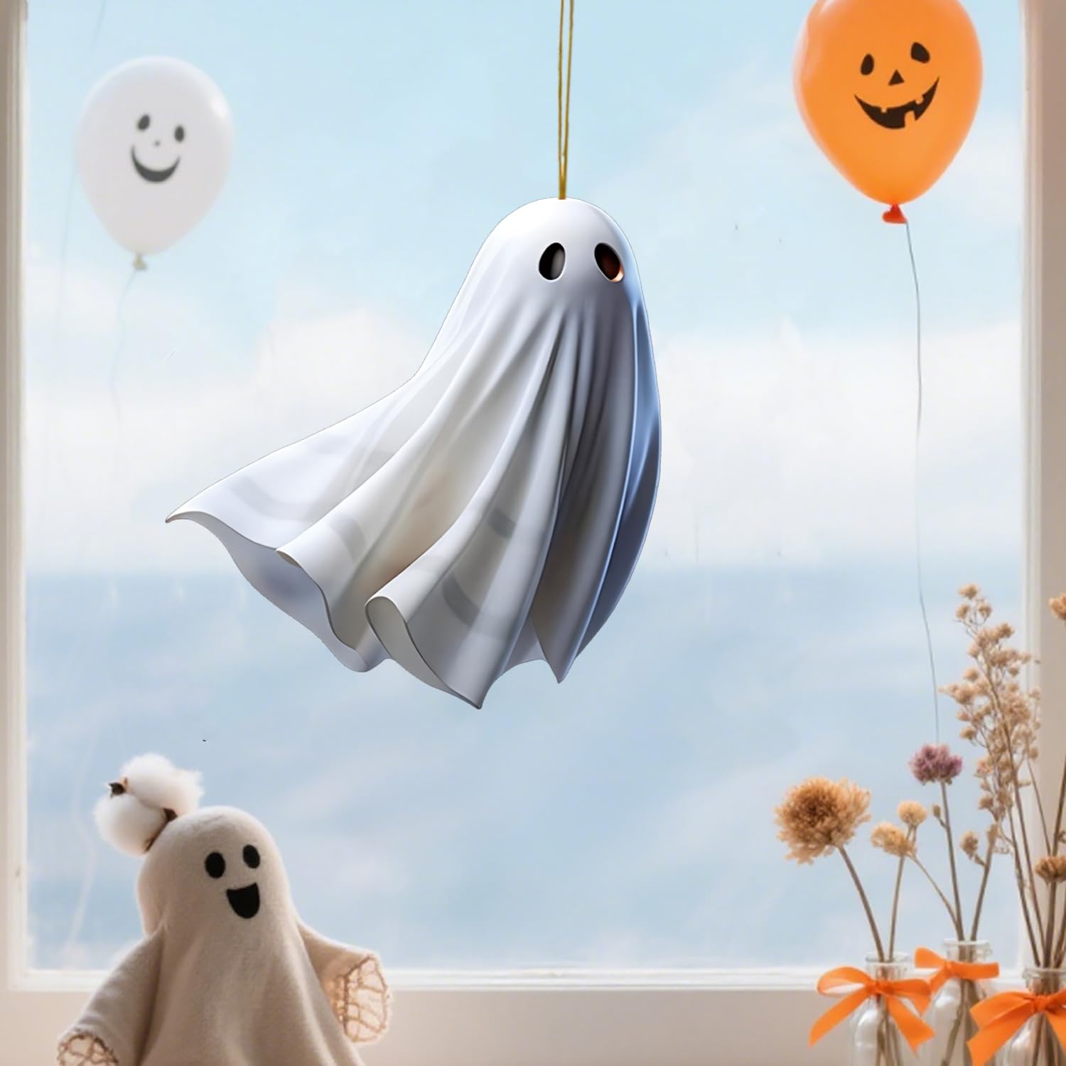 6 Pcs Halloween Hanging Ornaments for Tree Cute White Little Ghost Designs Halloween Spooky Acrylic Pendants Cartoon Ghost Hanging Ornaments Decorative for Holiday Party Craft Supplies